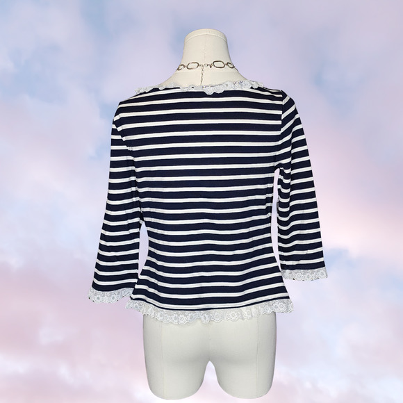 For Love & Lemons Suzette Dark Blue White Stripe Whimsi Button up Lace Top Sz S - Picture 3 of 4